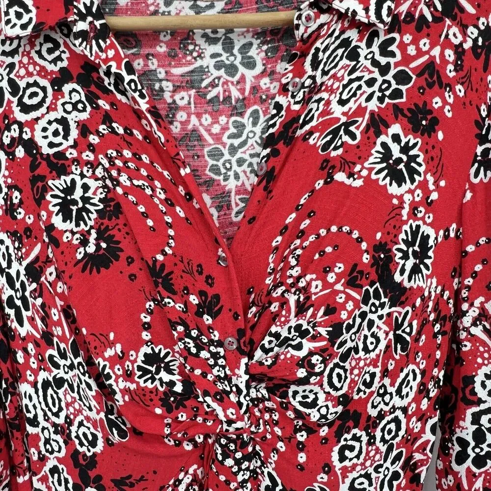 Free People Tough Love Maxi‎ Shirtdress In Red Women’s 4 Long Sleeve Floral Boho